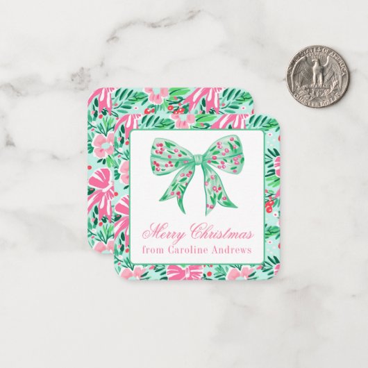 Preppy Roze & Groene Kerst Bow Gift Behuizing Notitiekaartje (Voorkant / Achterkant in situ)