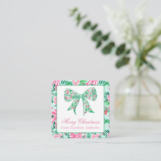 Preppy Roze & Groene Kerst Bow Gift Behuizing Notitiekaartje (Staand voorkant)