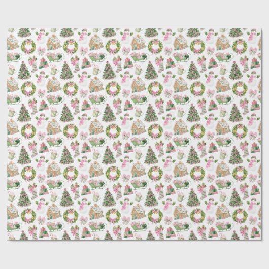 Preppy Roze & Groene Kerst Cadeaupapier (Vlak)