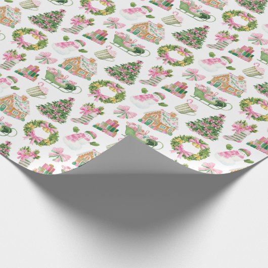 Preppy Roze & Groene Kerst Cadeaupapier (Hoek)