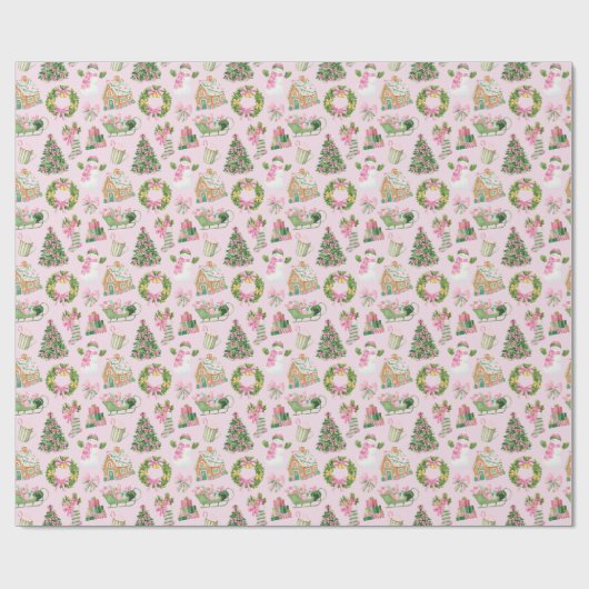 Preppy Roze & Groene Kerst Cadeaupapier (Vlak)