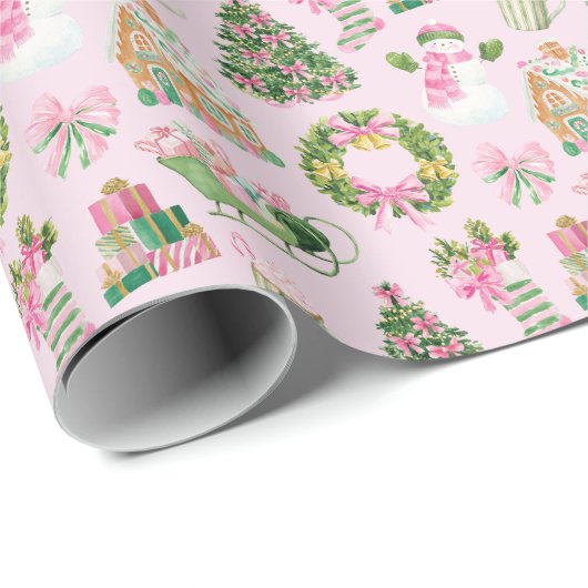 Preppy Roze & Groene Kerst Cadeaupapier (Rol Hoek)