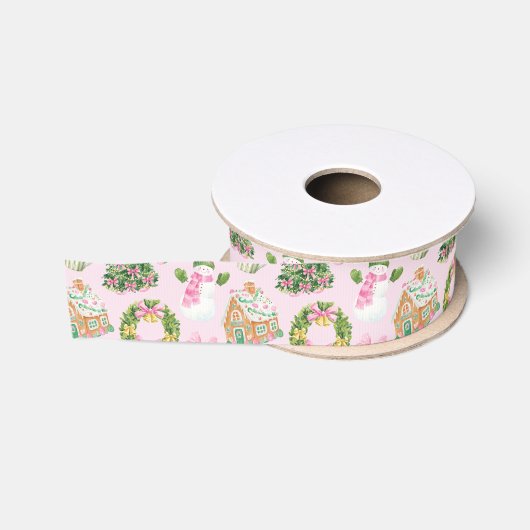 Preppy Roze & Groene Kerst Grosgrain Lint (Spoel)