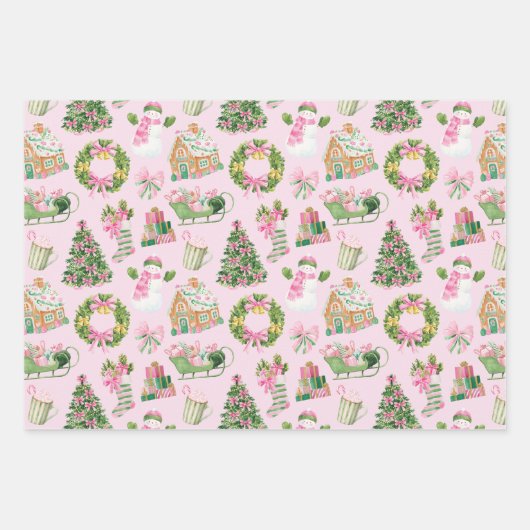 Preppy Roze & Groene Kerst Inpakpapier Vel (Voorkant)
