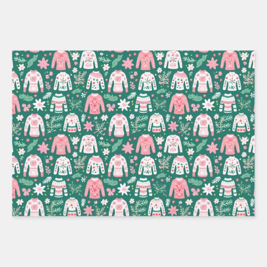 Preppy Roze & Groene Kerst Mokken Truien & Petten Inpakpapier Vel (Voorkant 3)