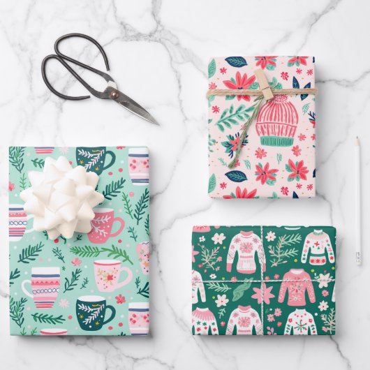 Preppy Roze & Groene Kerst Mokken Truien & Petten Inpakpapier Vel (Voorkant)