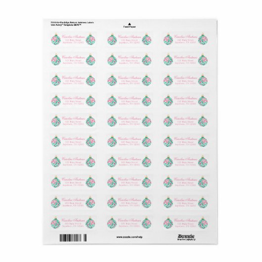 Preppy Roze & Groene Kerst Ornament Adres Etiket (Full Sheet)