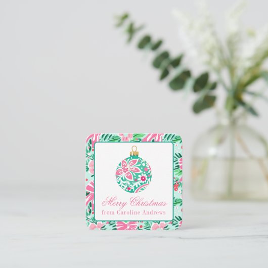 Preppy Roze & Groene Kerst Ornament Behuizing Notitiekaartje (Staand voorkant)