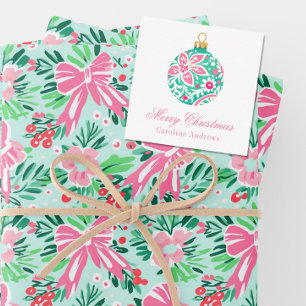 Preppy Roze & Groene Kerst Ornament Behuizing Notitiekaartje