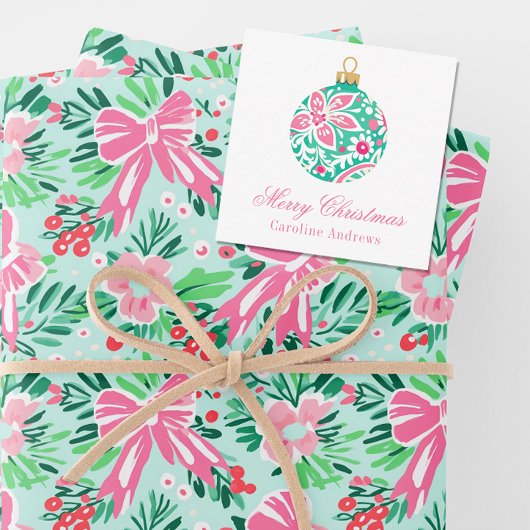 Preppy Roze & Groene Kerst Ornament Behuizing Notitiekaartje