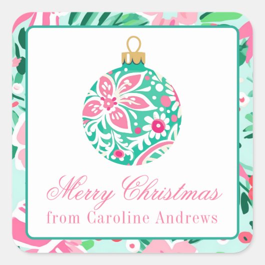 Preppy Roze & Groene Kerst Ornament Gift Vierkante Sticker (Voorkant)