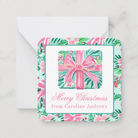 Preppy Roze & Groene Kerst Present Behuizing Notitiekaartje (Voorkant)
