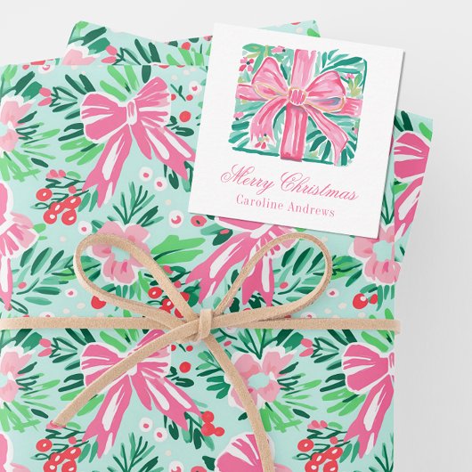 Preppy Roze & Groene Kerst Present Behuizing Notitiekaartje
