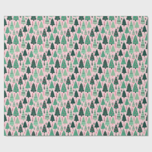 Preppy roze & groene kerstbomen cadeaupapier (Vlak)