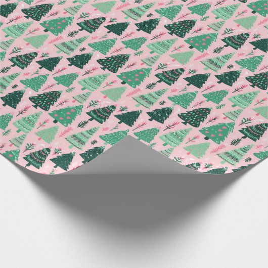Preppy roze & groene kerstbomen cadeaupapier (Hoek)