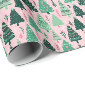 Preppy roze & groene kerstbomen cadeaupapier (Rol Hoek)
