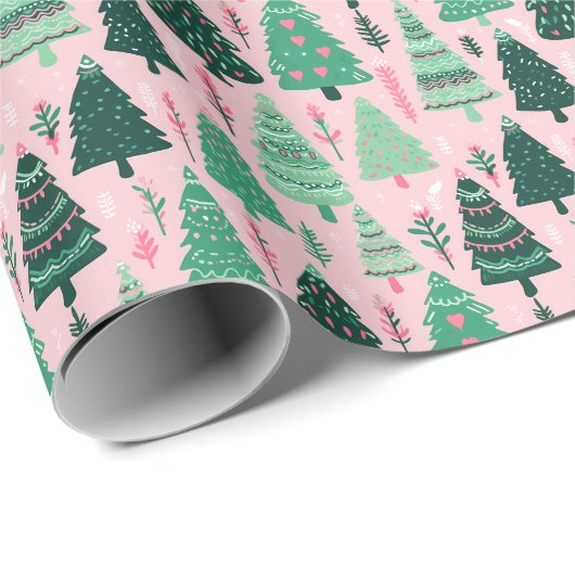 Preppy roze & groene kerstbomen cadeaupapier (Rol Hoek)