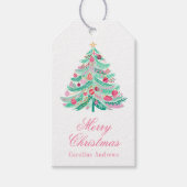Preppy Roze & Groene Kerstboom Cadeaulabel (Voorkant)