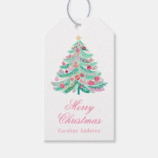 Preppy Roze & Groene Kerstboom Cadeaulabel (Voorkant)