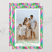 Preppy Roze & Groene Kerstboom Custom Photo Feestdagenkaart (Voorkant / Achterkant)