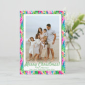 Preppy Roze & Groene Kerstboom Custom Photo Feestdagenkaart (Staand voorkant)
