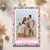 Preppy Roze & Groene Kerstboom Custom Photo Feestdagenkaart