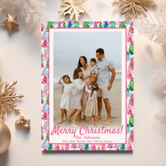 Preppy Roze & Groene Kerstboom Custom Photo Feestdagenkaart
