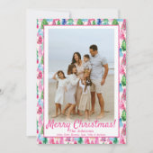 Preppy Roze & Groene Kerstboom Custom Photo Feestdagenkaart (Voorkant)