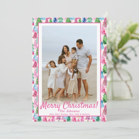 Preppy Roze & Groene Kerstboom Custom Photo Feestdagenkaart (Staand voorkant)