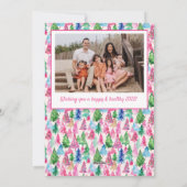 Preppy Roze & Groene Kerstboom Custom Photo Feestdagenkaart (Achterkant)