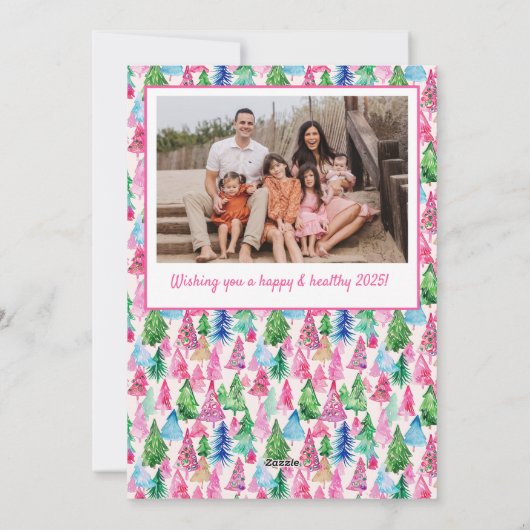 Preppy Roze & Groene Kerstboom Custom Photo Feestdagenkaart (Achterkant)