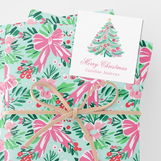 Preppy Roze & Groene Kerstboom Gift Enclosure Notitiekaartje
