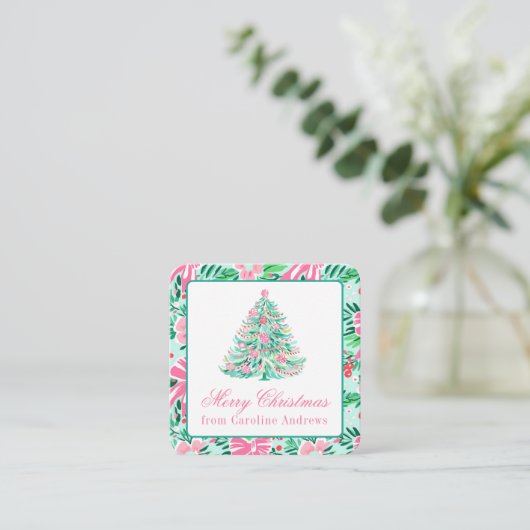 Preppy Roze & Groene Kerstboom Gift Enclosure Notitiekaartje (Staand voorkant)