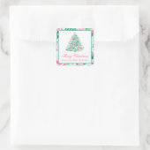 Preppy Roze & Groene Kerstboom Gift Vierkante Sticker (Tas)
