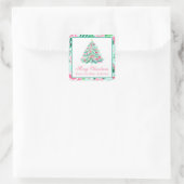 Preppy Roze & Groene Kerstboom Gift Vierkante Sticker (Tas)