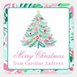 Preppy Roze & Groene Kerstboom Gift Vierkante Sticker