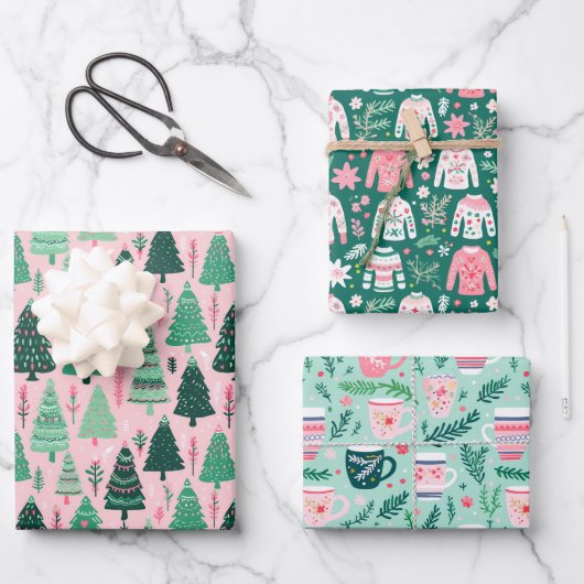 Preppy Roze & Groene Kerstboom Mok & Sweater Inpakpapier Vel (Voorkant)