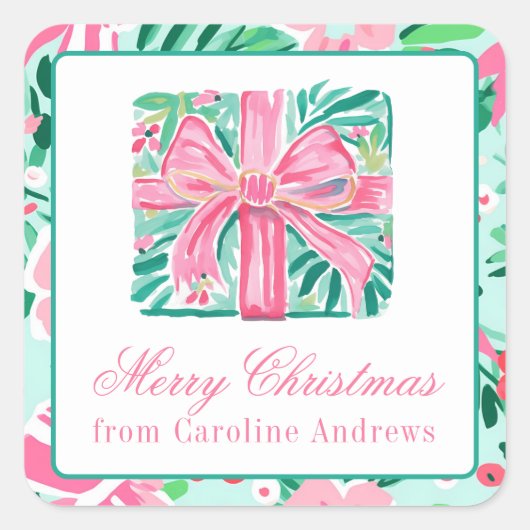 Preppy Roze & Groene Kerstcadeau Cadeau Vierkante Sticker (Voorkant)