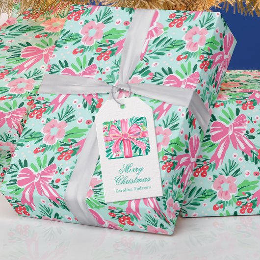 Preppy Roze & Groene Kerstcadeau Cadeaulabel