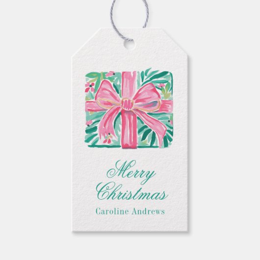 Preppy Roze & Groene Kerstcadeau Cadeaulabel (Voorkant)