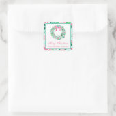 Preppy Roze & Groene Kerstkrans Gift Vierkante Sticker (Tas)