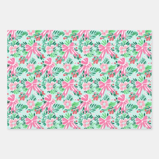 Preppy Roze & Groene Kerstmis Bloemen & Bogen Inpakpapier Vel (Voorkant 2)