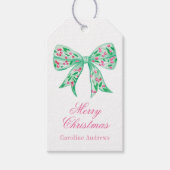 Preppy Roze & Groene Kerstmis Holly Berry Bow Cadeaulabel (Voorkant)