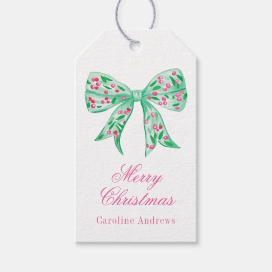 Preppy Roze & Groene Kerstmis Holly Berry Bow Cadeaulabel (Voorkant)