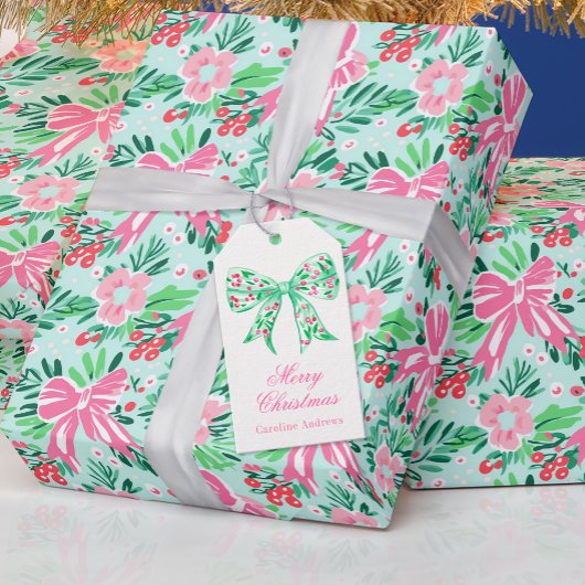 Preppy Roze & Groene Kerstmis Holly Berry Bow Cadeaulabel