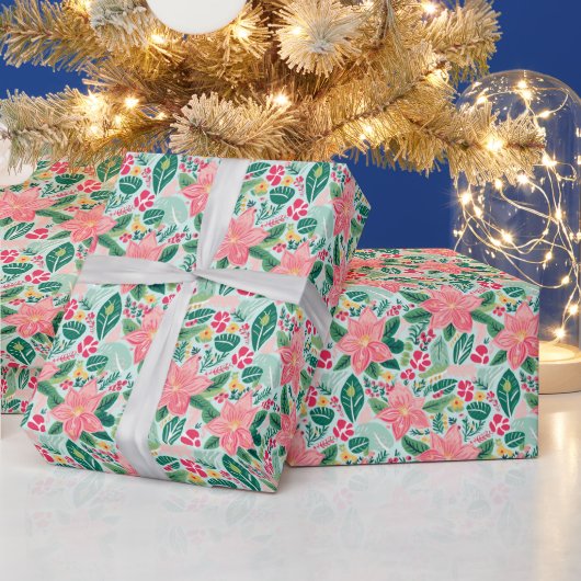 Preppy Roze & Groene Kerstmis Poinsettias Cadeaupapier (Feestdagen)