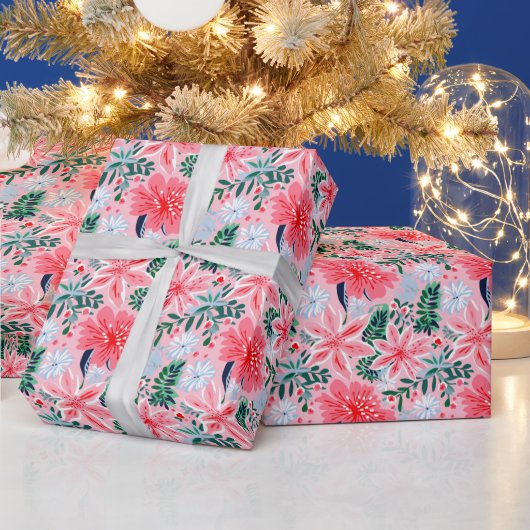 Preppy Roze & Groene Kerstmis Poinsettias Cadeaupapier (Feestdagen)