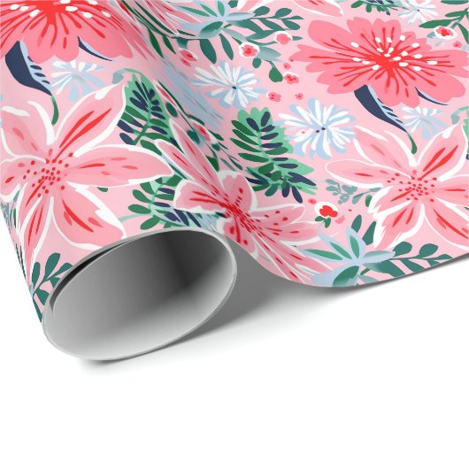 Preppy Roze & Groene Kerstmis Poinsettias Cadeaupapier (Rol Hoek)