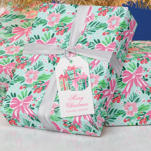 Preppy Roze & Groene Kerstmis Verpakte Cadeaus Cadeaulabel