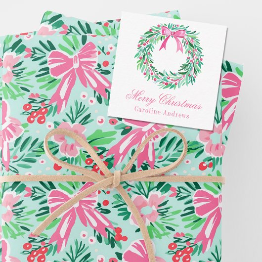 Preppy Roze & Groene Kerstmiskrans Behuizing Notitiekaartje